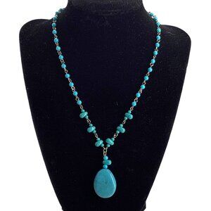 Faux Turquoise Beaded Dangling Pendant Fashion Necklace Southwestern Cowgirl